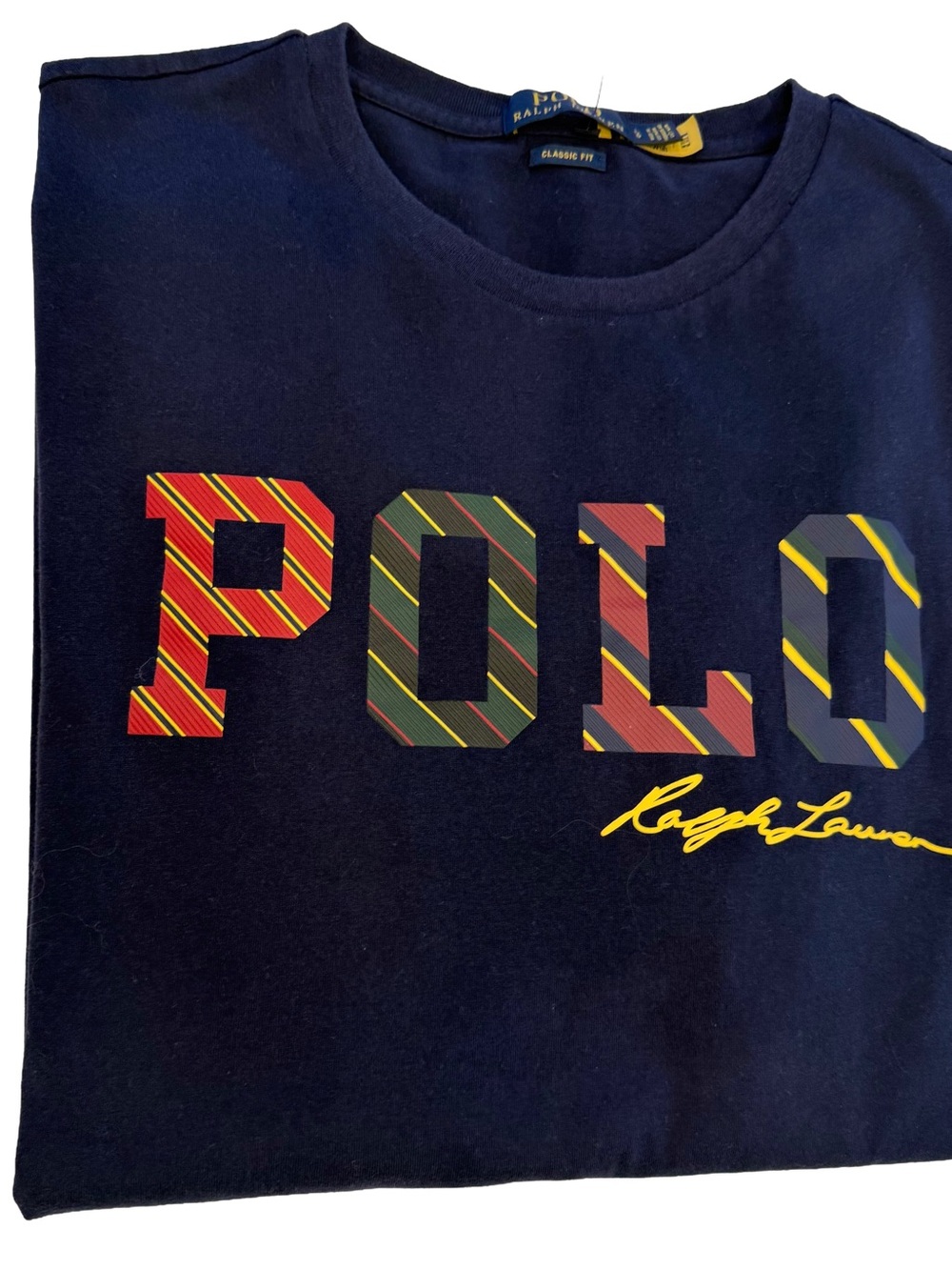 Polo Ralph Lauren Men’s Navy Tee W/ Tie Variation Logo, Pony Logo Size L EUC